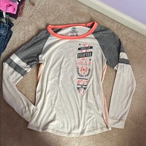 American Fighter Long Sleeve Raglan Top in Heather Gray with Coral Trim